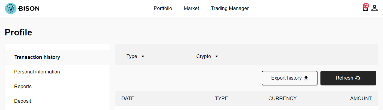 Parqet CSV Datei aus der Web-App von BISON herunterladen: Transaktionshistorie