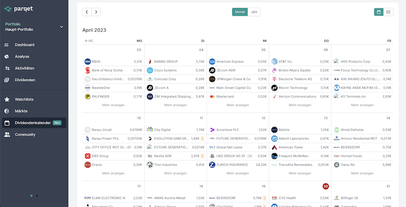 Dividendenkalender Monatsansicht