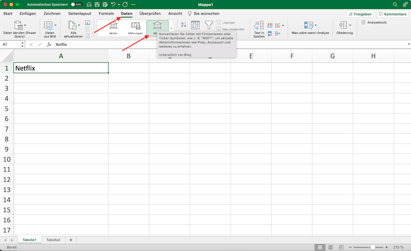 Auf Daten-Tab und Aktien klicken
