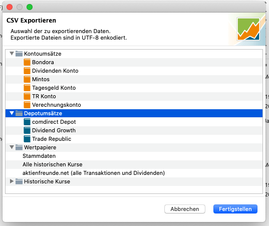 Portfolio Performance  Depotumsätze" auswählen und Fertigstellen