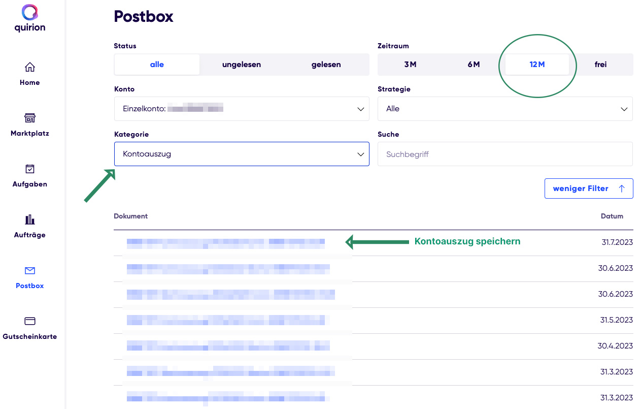 Parqet Null-Klick Import für Quirion